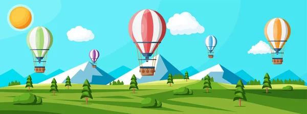 Hot air balloon in the sky with clouds and sun — Stock Vector