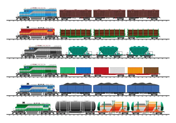 Conjunto de vagones de carga de tren, cisternas, tanques, coches — Vector de stock