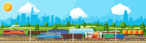 Transporte ferroviario de carga, paisaje natural — Vector de stock