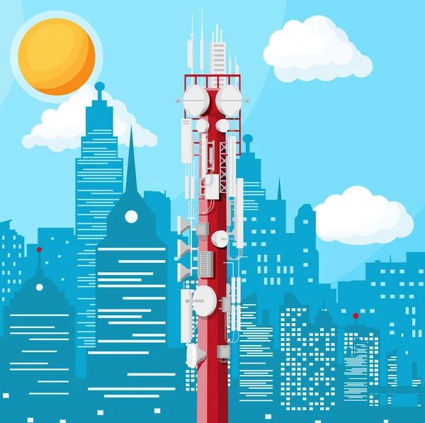 Transmission Cellular Tower Antenna Cityscape. — Stock Vector