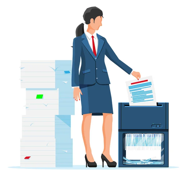 妇女办公室工作人员碎纸机文件. — 图库矢量图片