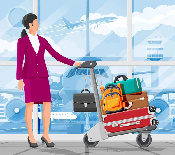 Woman And Hand Truck Full Of Bags In Airport — Stock Vector