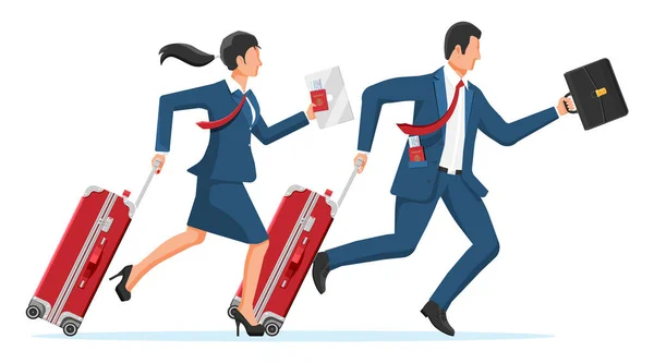 Frau und Mann mit Reisetasche. Geschäftsreise — Stockvektor