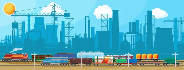 Landschap van het goederenvervoer per spoor met fabriek — Stockvector