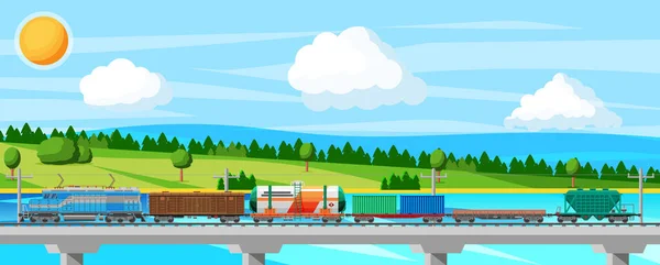 Vlak s nákladními vozy, cisternami, cisternami a automobily. — Stockový vektor