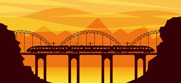 Trein en landschap met berg in silhouet. — Stockvector