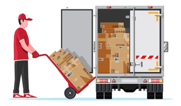 Pengiriman Van Full of Cardboard Box Terisolasi - Stok Vektor