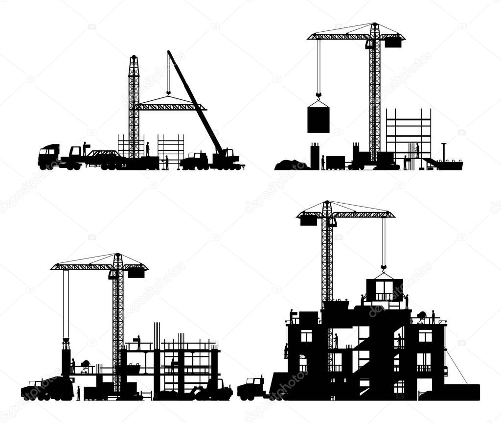 Construction Site Stages Silhouette Isolated