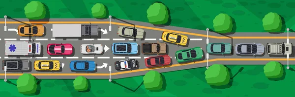 Carreteras con muchos vehículos diferentes — Vector de stock