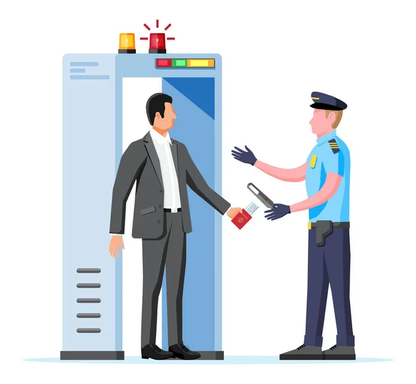 Scanner Gate, Man and Police Officer Icon. — Stock Vector