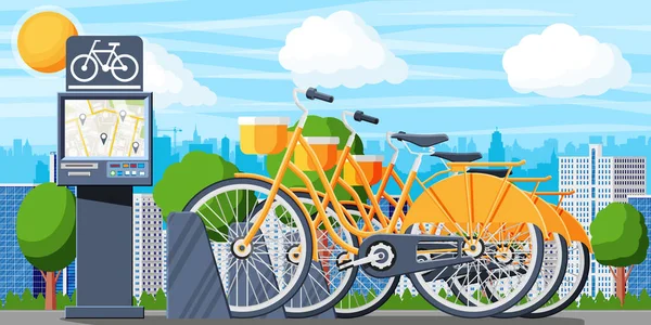 City Bicycle Sharing System and Urban Landscape — Stock Vector