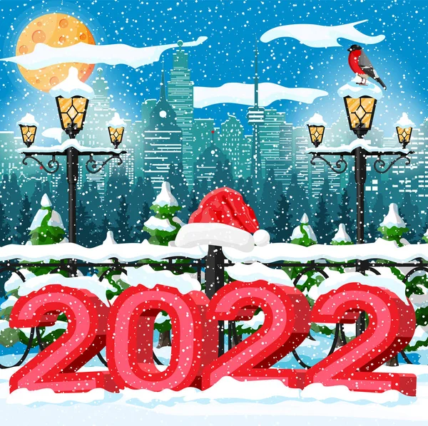 クリスマス冬の街の風景、雪の結晶と木. — ストックベクタ
