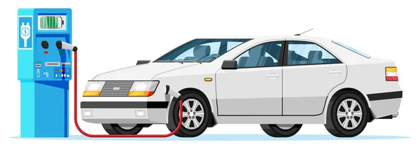 Carga de coche eléctrico blanco en la estación del cargador. — Vector de stock