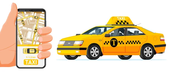 Taxi app vagy szolgáltatás. Sárga autó és okostelefon. — Stock Vector