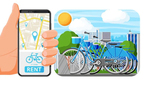 City-Fahrradverleihsystem und Stadtbild. — Stockvektor