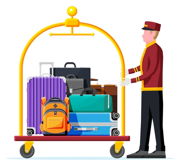 Hotel Luggage Cart Full of Luggage and Bellhop — Stock Vector