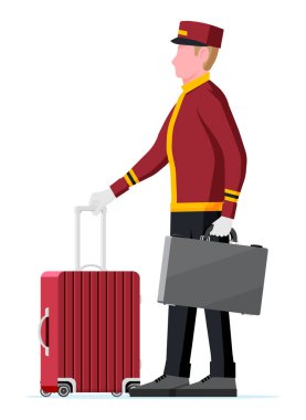 Otel belboyu iş yerinde misafir çantaları taşıyor..