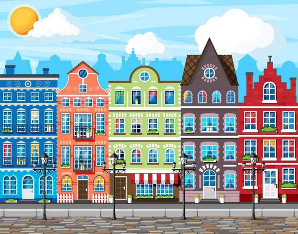 Traditionele Europese stad. Oude stad straat — Stockvector