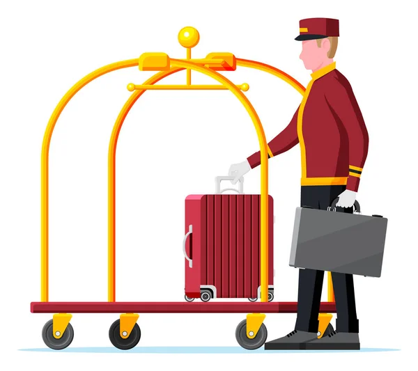 Hotel Luggage Cart Full of Luggage and Bellhop — Stock Vector