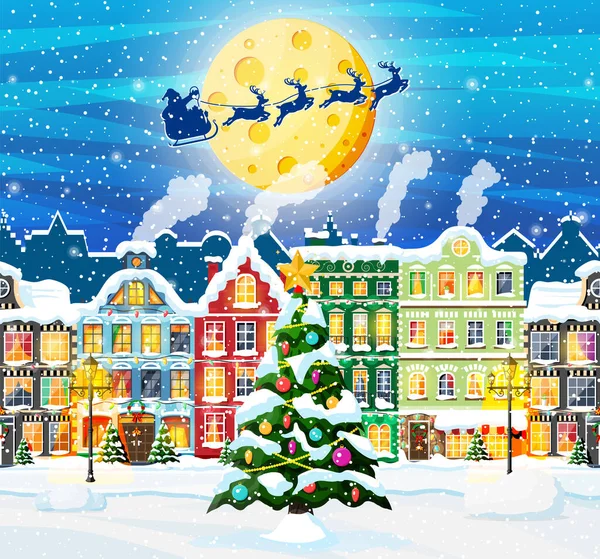 Cartão de Natal com Paisagem Urbana e Neve. — Vetor de Stock