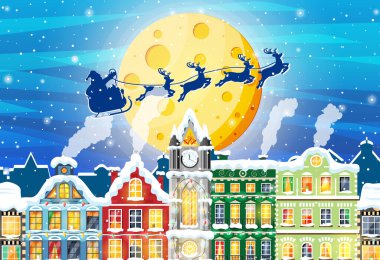 Şehir Manzarası ve Kar yağışıyla Noel Kartı.