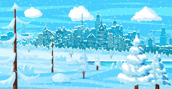 Natal Inverno Cityscape, flocos de neve e árvores —  Vetores de Stock