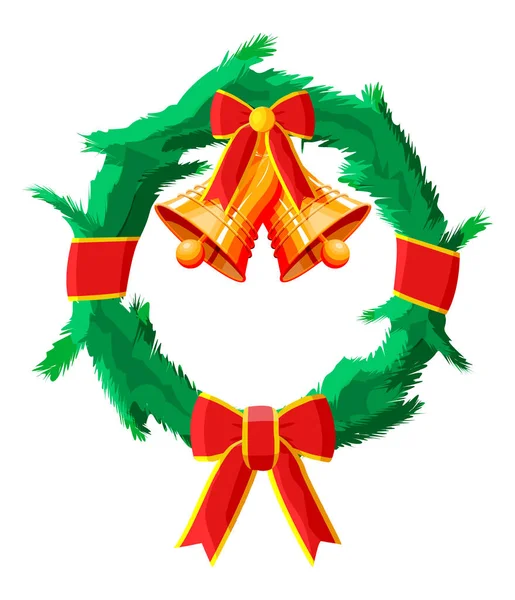 Couronne de Noël avec arc rouge et cloche d'or — Image vectorielle