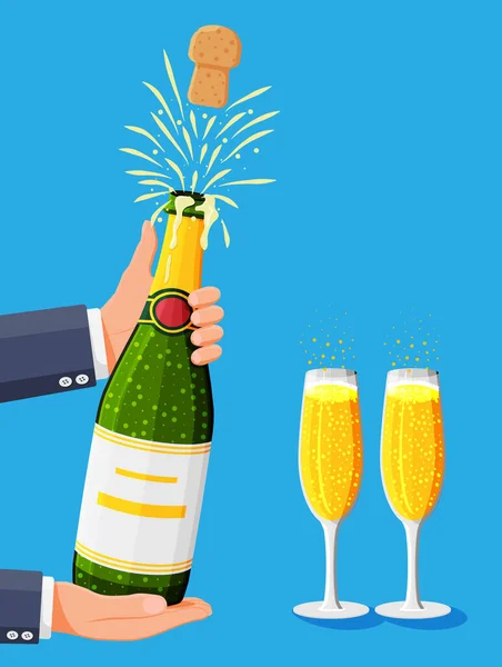 Apertura de botella de champán con vuelo de pop y corcho. — Vector de stock