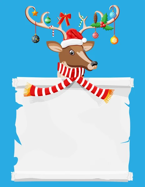 Cute deer with antlers, scarf, holly, bow, baubles — Stock Vector