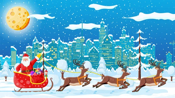 Santa claus rides reindeer sleigh — Stock Vector