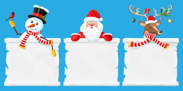 Santa claus, snowman and deer christmas characters — Stock Vector