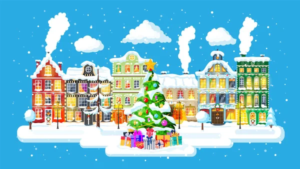 Рождественская открытка с городским пейзажем и снегопадом. — стоковый вектор