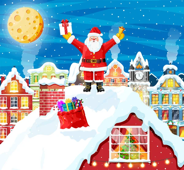 Papai Noel com saco com presentes no telhado da casa. — Vetor de Stock