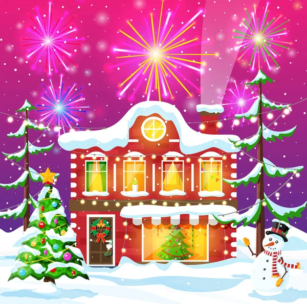 Christmas Card with Urban Landscape and Fireworks. — Stock Vector