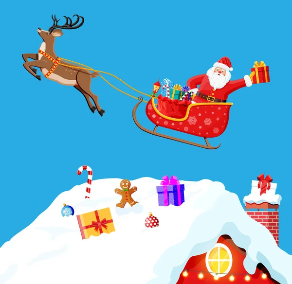 Christmas Card with Rooftop. Santa claus with gift — Stock Vector