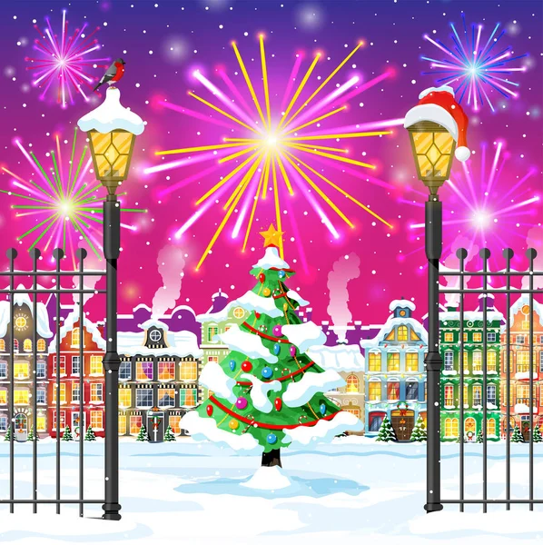 Christmas Card with Urban Landscape and Fireworks. — Stock Vector