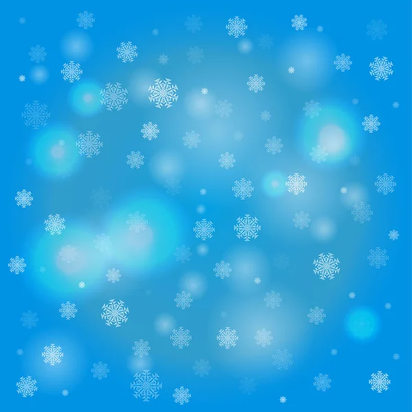 Copos de nieve y luces borrosas sobre fondo azul — Vector de stock