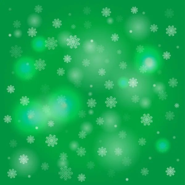 Copos de nieve y luces borrosas sobre fondo verde — Vector de stock