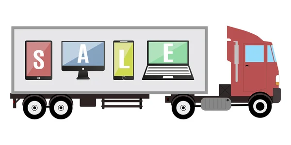 拖车与促销平板电脑和手机销售矢量图 — 图库矢量图片