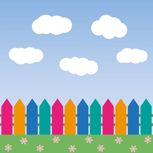 Cartoon-Hintergrund mit Farbenzaun und Wolken — Stockvektor
