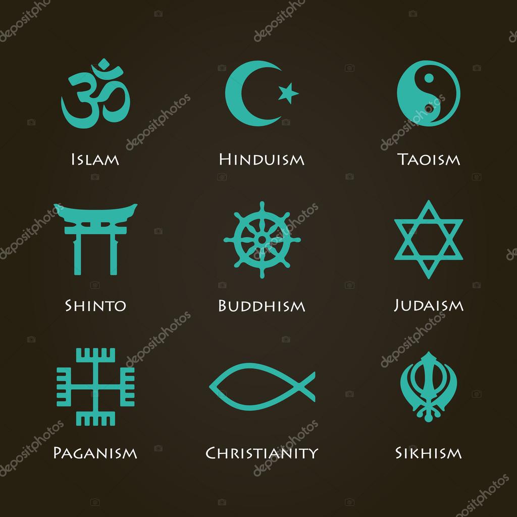 World religion symbols cyan color set with christian, Jewish, Islam etc