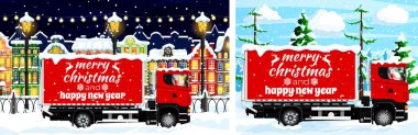 Mutlu Noeller ve karlı bir sokakta mutlu yıllar getiren kırmızı kamyonet. Mutlu Noeller için bayram hediyeleri getirdim..