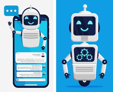 Chatbot cep telefonu ekranında ve Standalone robot çizimi. Yapay zeka konsepti. Müşteri destek servisi.