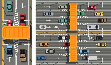 Düz stil vektör grafiğinde paralı yol. Elektronik gişelerden geçen arabalı otoyol. Trafik ve ulaşım kavramı için dijital illüstrasyon.