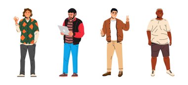 Sıraya dizilmiş dört farklı adam, ok işareti, tablet ve barış işareti gibi çeşitli jestlerle gelişigüzel gençlik kültürünü resmediyor..