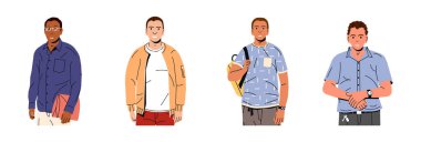 Çeşitli günlük giysiler içinde çeşitli genç erkekler, modern tasarım veya sosyal medya kavramı için düz vektör karakter seti.