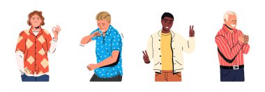 Mutlu genç adam işaret veriyor, neşeli adam dans ediyor, gülümseyen Afrikalı Amerikalı adam barış hareketi yapıyor, ve yaşlı beyaz adam alkışlıyor. Tasarım konsepti için hazırlanmış jestler ve duygular.