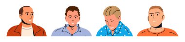 Group of four men with different hairstyles and expressions. Diverse male faces. flat vector illustration for avatar and user profile.