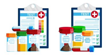 Urine, blood and stool sample containers with medical test report on clipboard. Laboratory analysis concept for healthcare diagnosis.