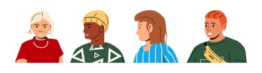 Diverse group of young men and women in various modern outfits. Flat style avatar set for social media profile. Youth fashion culture.